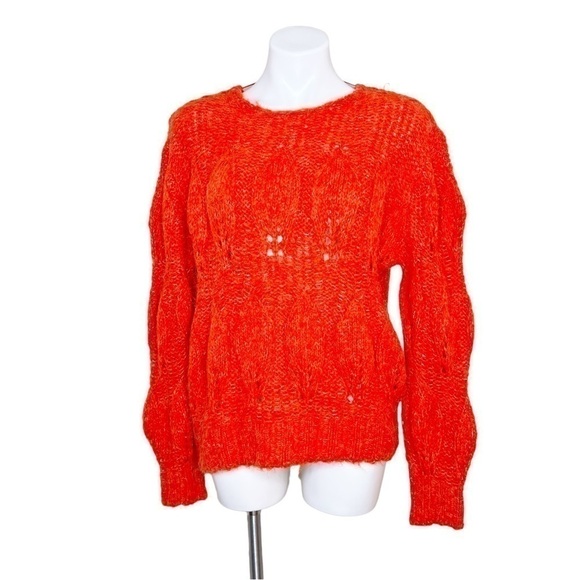 Topshop Orange Wool Chunky Cable Knit Sweater Petal Pointelle Crewneck US 12 - Picture 2 of 5